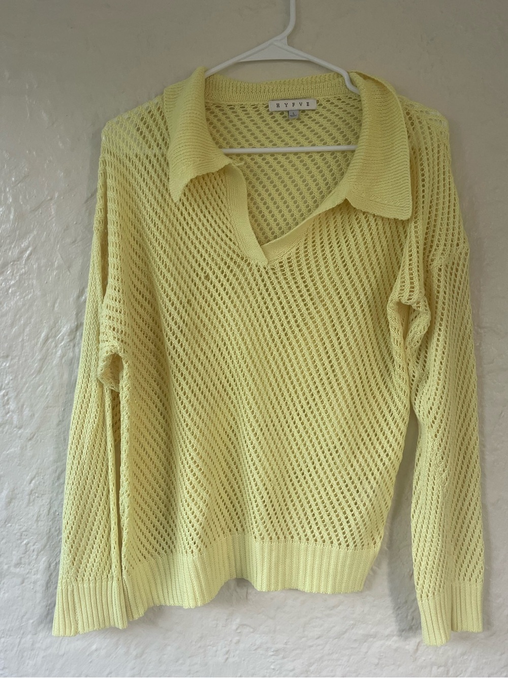 HYFVE yellow open knit long sleeve collared lightweight pullover sweater; L